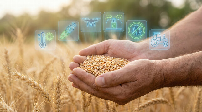 Hands holding wheat grains in field with agricultural technology icons representing modern farming methods. image conveys innovation and sustainability in agriculture