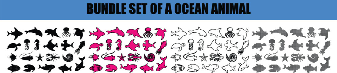Silhouette, line art, outline, dot, dotted Diverse Collection of Ocean Animal Silhouettes and Icons in Various Styles for Aquatic Themed Designs © Farida