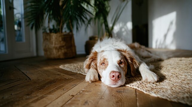 A beloved dog sprawls comfortably on a natural wood floor, basking in the warm light of a cozy room, radiating peace and comforting companionship to its surroundings.
