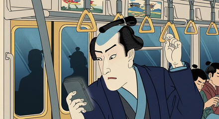 イラスト：電車でスマホを操作する男性・現代の通勤風景