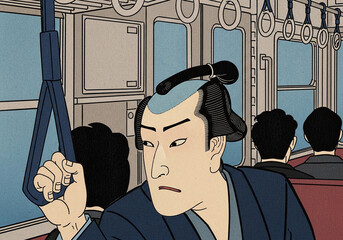 満員電車のイラスト：浮世絵風・通勤電車で吊革に掴まるサラリーマン