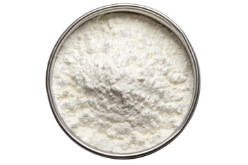 White powder in a petri dish isolated on transparent background. White powder in metallic container isolated on white background.