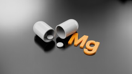 Magnesium supplement pills and chemical symbol on sleek surface