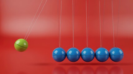 Newton's cradle balls in motion on red background