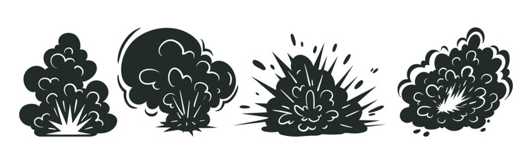 Cartoon bomb explosion silhouettes. Bomb explosion clouds, comic fire and smoke clouds flat vector illustration set. Dynamite explosion clouds silhouettes on white background © GreenSkyStudio