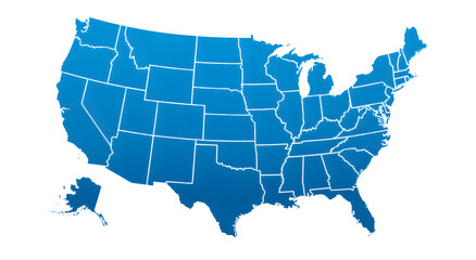 Fototapeta premium United states political map with bold white state borders on solid blue silhouette background including alaska and hawaii for educational geography lessons and administrative presentations