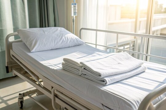 Fresh white hospital bed with folded sheets and natural sunlight, minimalist composition