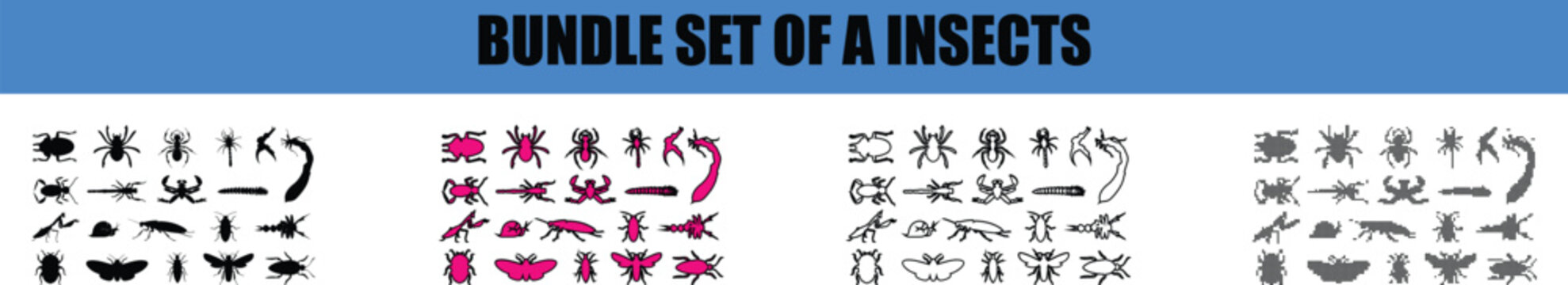 Silhouette, line art, outline, dot, dotted Collection of diverse insect and arachnid silhouettes including spiders beetles butterflies and caterpillars presented in a bundle set
