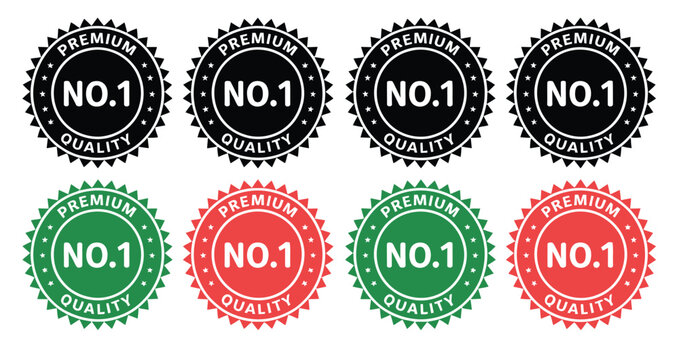 No 1 Premium Quality Logo Stamp Set, Pointed and Rounded Zig Zag Style Designs in Black and White Color, No.1 Quality Logo Icon Vector Template Collection.