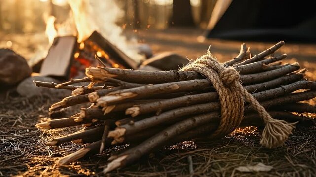 Bundle of sticks by campfire: rustic outdoor evening with glowing flames and nature