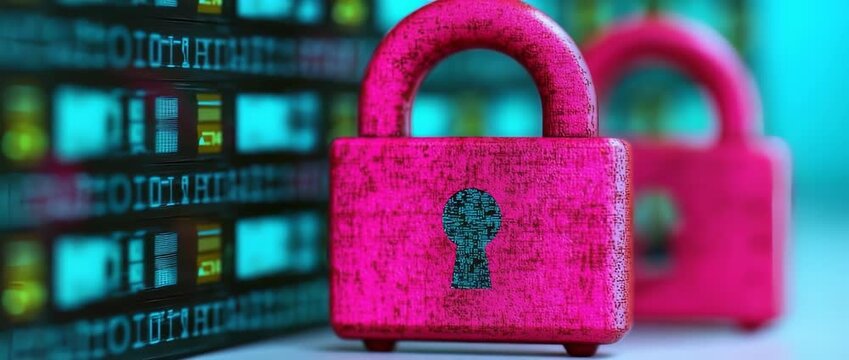 Close up of textured bright pink padlock with digital keyhole against blurred binary code screen