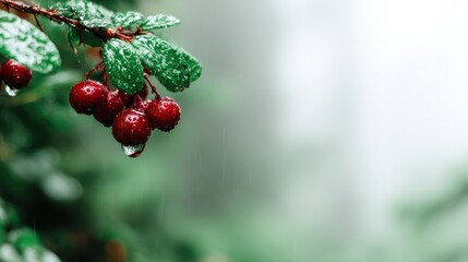 Fototapeta premium This captivating image features glistening red berries adorned with raindrops, elegantly capturing the essence of freshness and vitality in a lush, green environment.