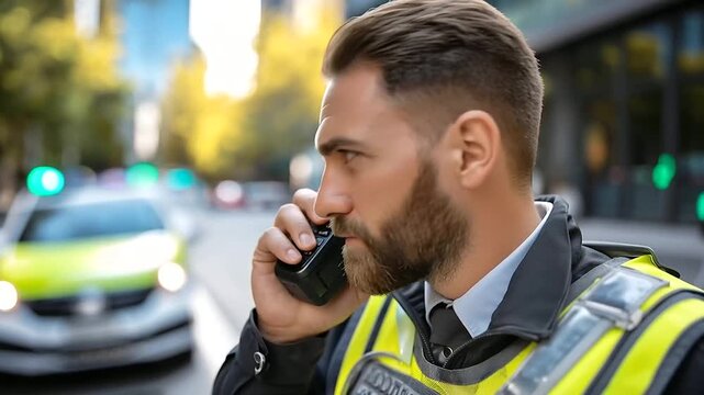 Faceless officer in uniform using radio directing traffic, city street duty, law enforcement patrol vehicle background, public safety management, traffic control, with copy space