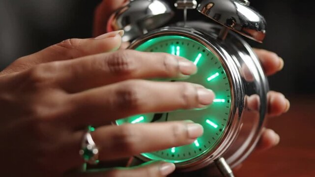 Two hands adjust a silver alarm clock with a green glowing face A ring is visible on the left hand