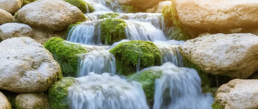 Cascading water flows over moss covered rocks creating  small serene waterfall in sunlight