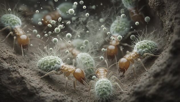 Spores of fungi infect the termites, bio-pesticides from fungi kill termites and colony. 3d animation.
