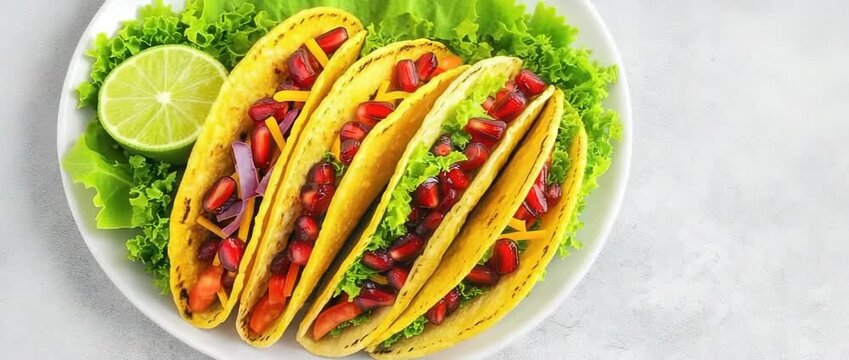 Yellow corn tacos filled with pomegranate seeds lettuce and lime served on  white plate