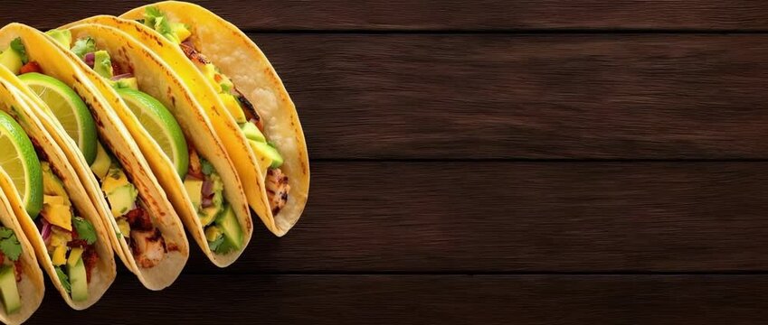 Row of four fresh tacos with lime slices resting on  dark brown wooden surface with copy space