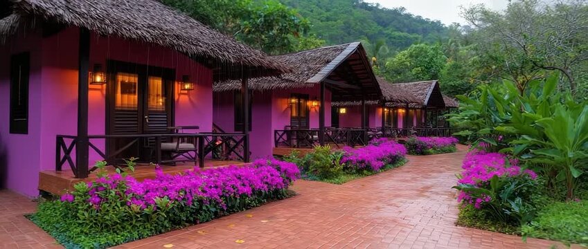 Row of vibrant purple bungalows with thatched roofs and lush tropical greenery