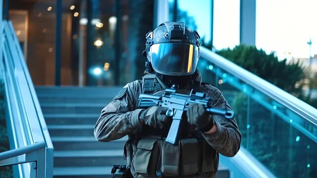 Faceless security officer in tactical gear moving through dimly lit doorway, cautious movement, high-stakes operation, modern building interior, professional preparation, with copy