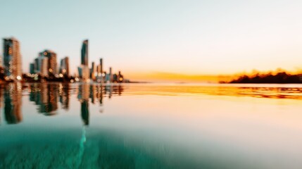 Fototapeta premium A tranquil scene captures a blurred waterfront reflecting the vibrant sunset colors, highlighting a modern city skyline against the serene water backdrop.