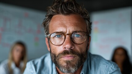 Obraz premium A close-up image of a bearded man with striking blue eyes, exuding confidence and intensity while focusing on the viewer; set against a backdrop of a creative workspace to inspire innovation.