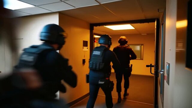 Defocused officers practicing tactical entry, blurred law enforcement training, security operation drill, team coordination exercise, emergency response preparation, with copy spac