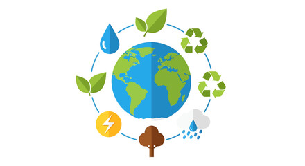 Fototapeta na wymiar A vibrant illustration depicting Earth surrounded by various environmental and natural resource icons, symbolizing sustainability and ecological balance.