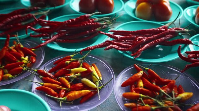 Vibrant red chili peppers on plates on a market table with tomatoes nearby.