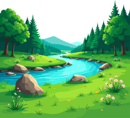 Peaceful forest river landscape illustration, green trees and clear blue stream, calm cartoon nature scenery for backgrounds, storybooks, games and environmental design