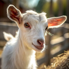 Obraz premium Adorable white goat with brown eyes on rustic farm