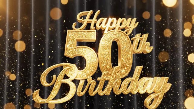 Stunning shimmering golden text emphatically proclaims "Happy 50th Birthday" against a dark, glittering, celebratory background scene featuring bokeh lights.