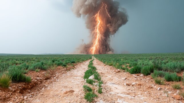 A powerful image of lightning striking in a dramatic storm over a green landscape, capturing the raw energy of nature and the majesty of unpredictability in the environment.