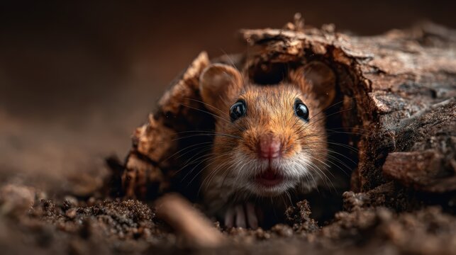 A cute and inquisitive mouse emerges from the rough tree bark, showcasing its adorable features and playful spirit, reminiscent of nature's tiny wonders in the wild.