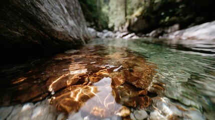 A serene close-up of crystal-clear water flowing over colorful stones in a natural stream, highlighting the beauty and tranquility of outdoor environments and water movement.