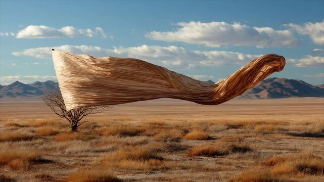 A golden cloth floats above a dry landscape, dwarfed by mountains and clouds