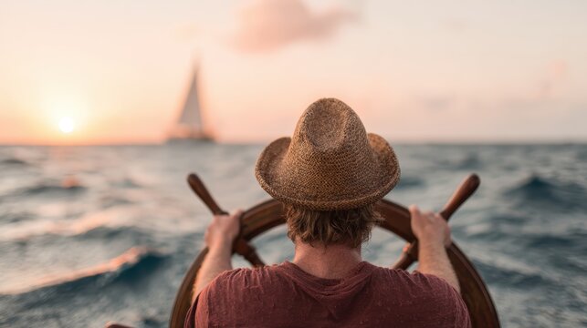 A man in a straw hat takes control of a boat's steering wheel at sunset, surrounded by a serene ocean, capturing the essence of adventure and tranquility at sea.