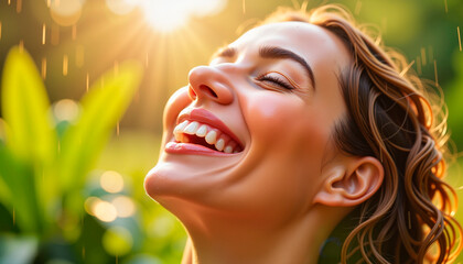 Fototapeta premium Joyful woman laughing in summer rain with greenery at golden hour