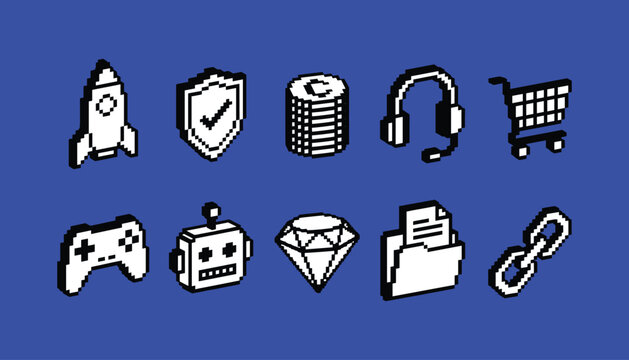 Retro 8 bit pixel art icon set on blue background including rocket shield coins headphones shopping cart game controller robot diamond folder and link symbols