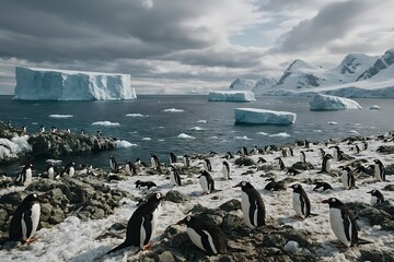 Frozen Antarctic landscape with penguin colonies, ice shelves with natural view