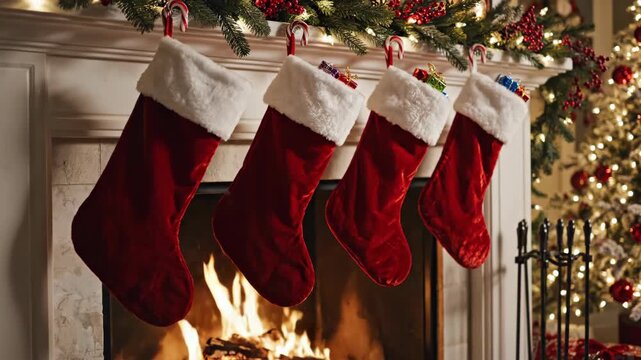 Cozy Winter Holiday Red Christmas Stockings with Fluffy Trim Hang by Warm Fireplace, Creating Festive Atmosphere and Anticipation for Season video