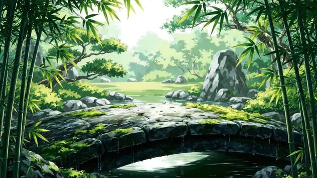A serene anime-style Japanese landscape featuring a stone bridge over a stream in a lush forest.
