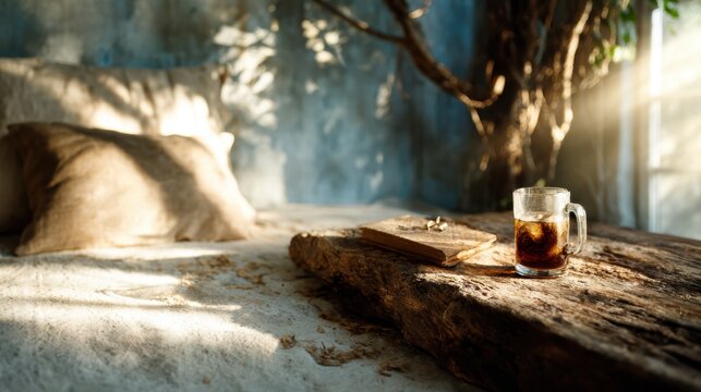 A cozy setup featuring a glass of cold coffee placed on a rustic wooden slab beside an open book, illuminated by soft sunlight streaming into a tranquil, serene bedroom retreat.
