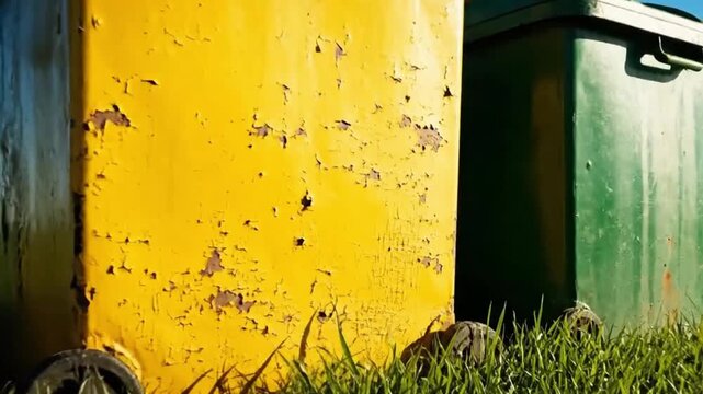 Yellow  green wheelie bins sit in grassy field under a blue sky Paint peels on the yellow one showing age and wear