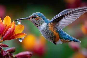 Fototapeta premium Hummingbird hovering near vibrant flowers with water droplets in a lush garden setting