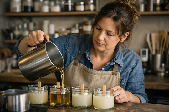 Candle maker pouring soy wax in home kitchen