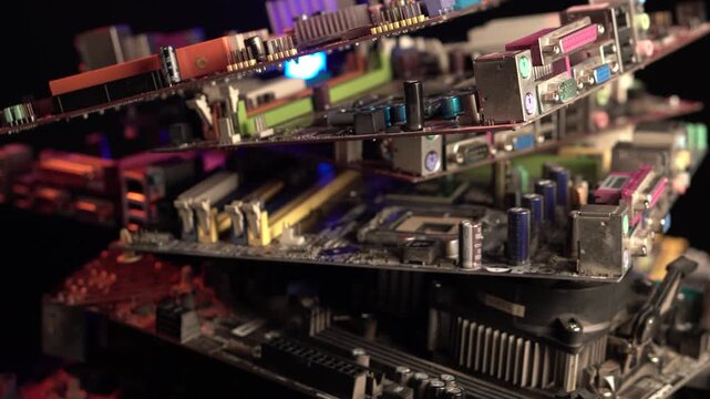 Electronic Waste, Heap of Computer Motherboard, Graphic Cards and Parts