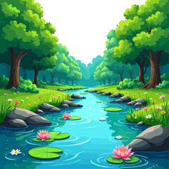 Peaceful forest river landscape illustration, green trees and clear blue stream, calm cartoon nature scenery for backgrounds, storybooks, games and environmental design