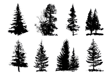 Obraz premium Different types of trees displayed in black silhouette on a white background showcasing various shapes and sizes of evergreen trees