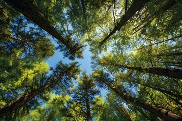 Obraz premium Looking Up at a Dense Forest Canopy with a Clear Sky